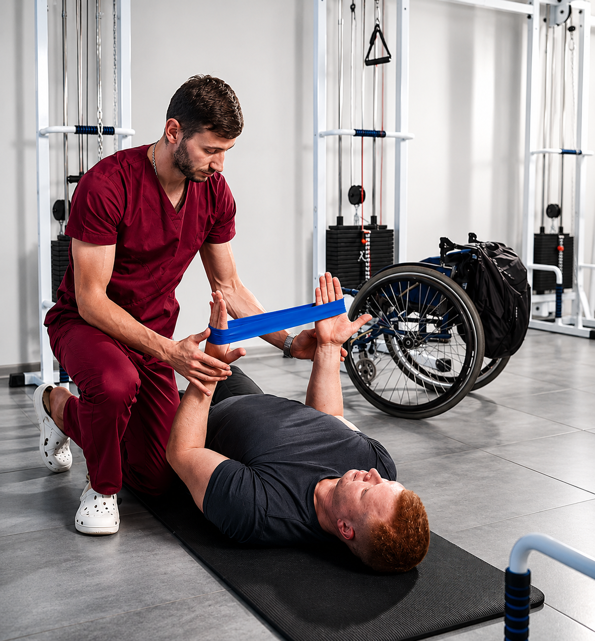 Physiotherapist guiding a patient through a mobility exercise at PhysioCan in Port Perry